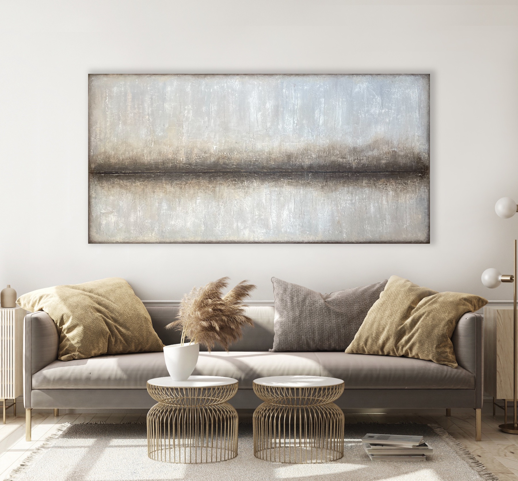 tekstūrinis sienos dekoras iš mineralinio tinko, neutralių spalvų, minimalistinis interjeras